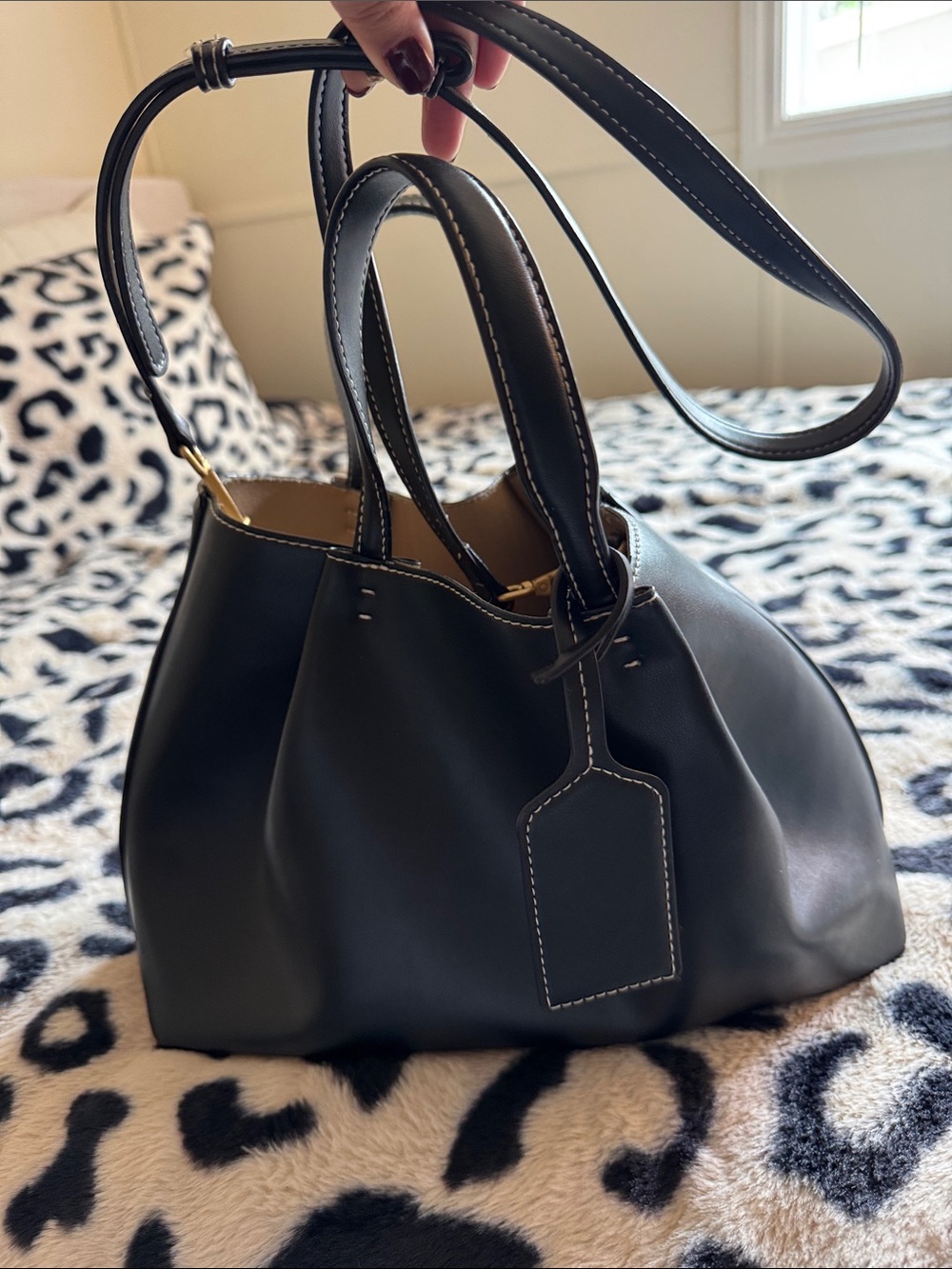 Zara Black Leather Drawstring Shoulder Bag with Tag